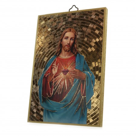 Plaquette en bois du Sacré Coeur de Jésus effet mosaïque
