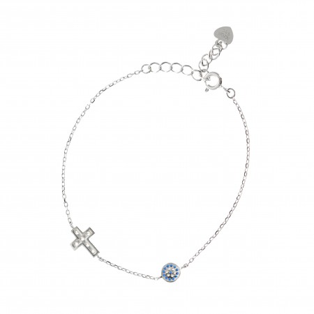 Bracelet en argent avec une croix et un rond bleu et blanc avec strass