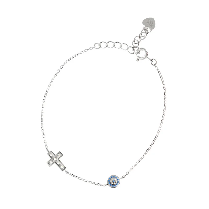 Bracciale in argento con croce e tondo blu e bianco con strass