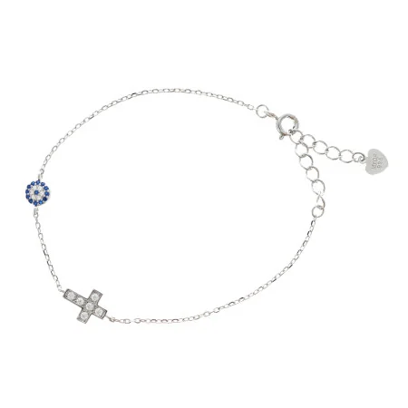 Bracciale in argento con croce e tondo blu e bianco con strass