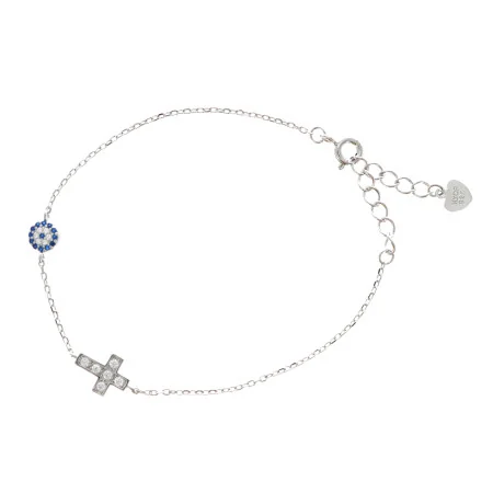 Bracciale in argento con croce e tondo blu e bianco con strass