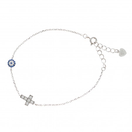 Silver Bracelet with a Cross and a Blue and White Round with Rhinestones