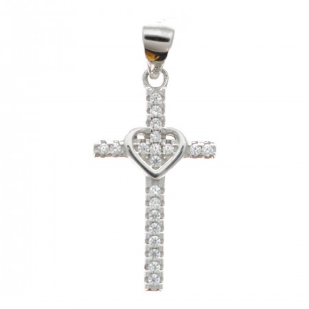 Croce in argento con strass e cuore al centro