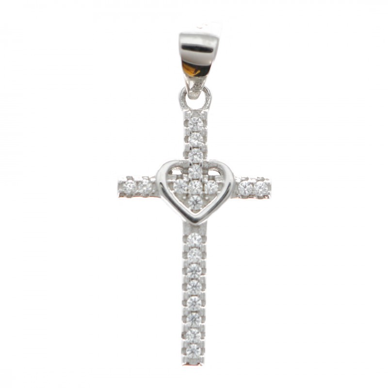 Croce in argento con strass e cuore al centro