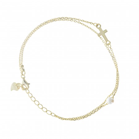 Bracelet chaine double avec croix et perle de nacre en argent doré
