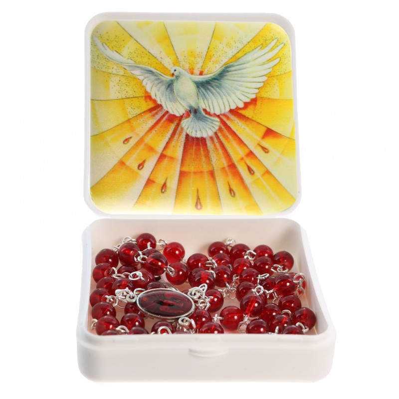 Chapelet du Saint Esprit en verre rouge avec sa boite décorée