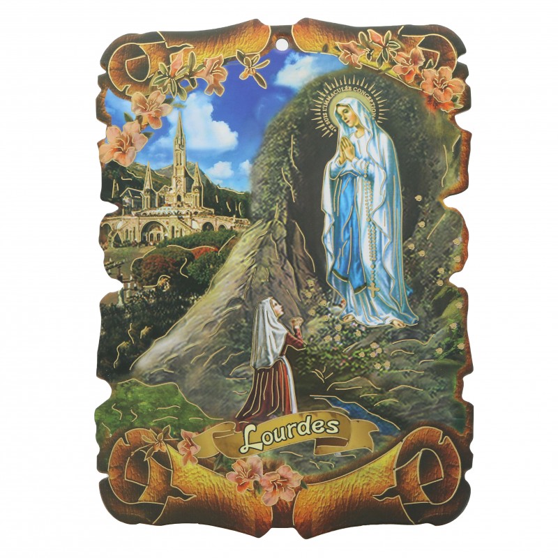 Targa in legno dell'Apparizione di Lourdes con riflessi dorati 24x18cm