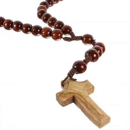 Chapelet en corde avec grains en bois foncé de 12mm et croix en bois d'olivier