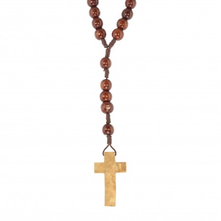 Rosario in corda con grani di legno scuro da 12 mm e croce in legno d'ulivo