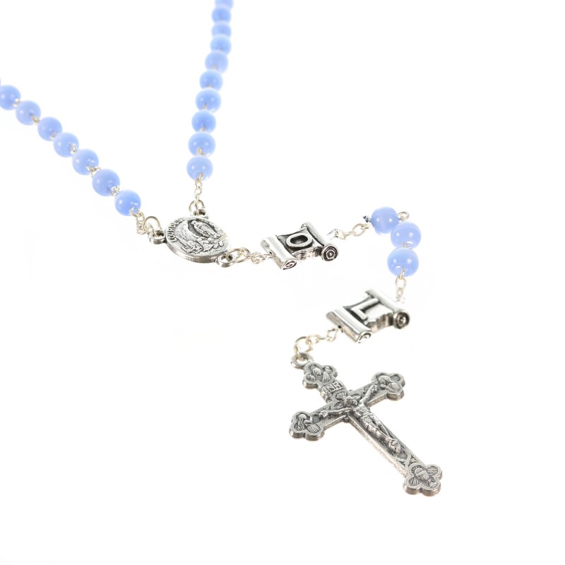 Blue glass rosary with letters