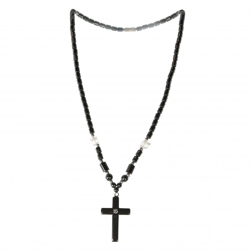 Collier hématite avec pendentif croix avec strass
