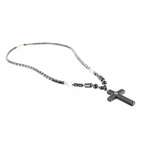 Hematite necklace with cross pendant with rhinestones
