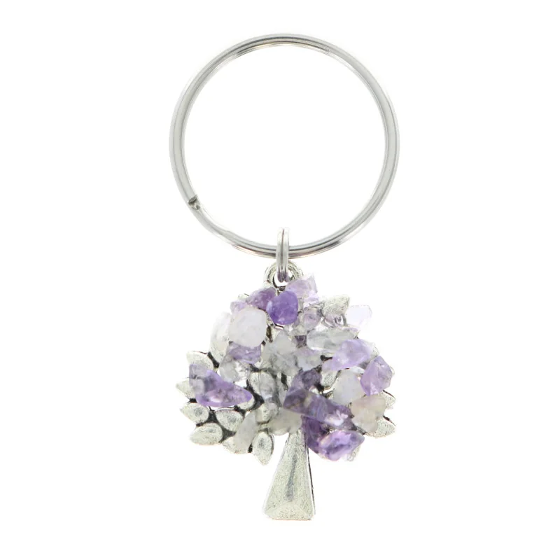 Porte clé arbre de vie avec éclats de pierre améthyste