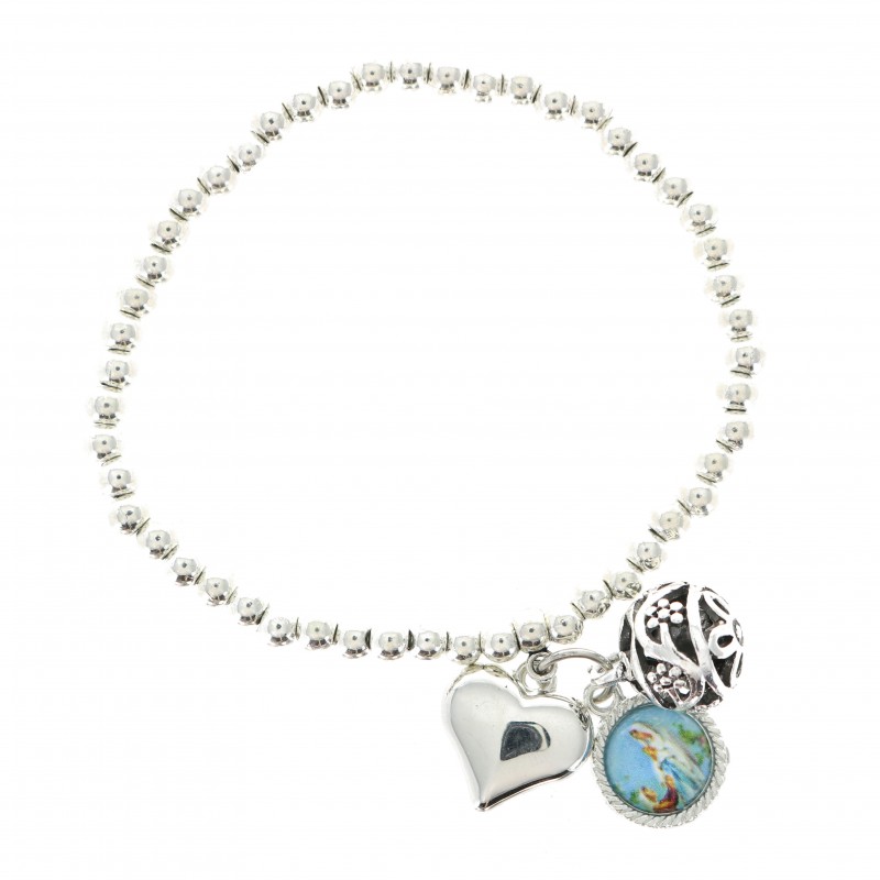 Bracelet grain métal avec breloque coeur et médaille Lourdes