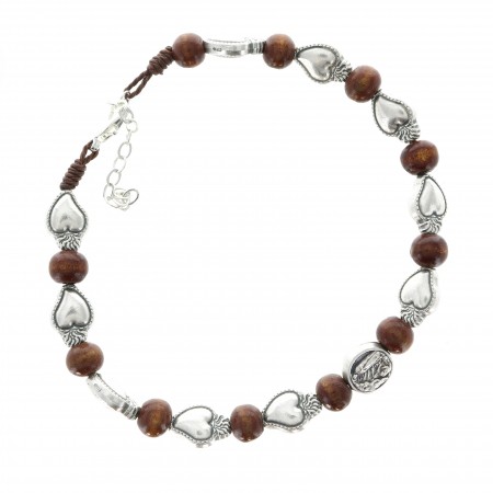 Rope bracelet with wooden beads and silver plated heart