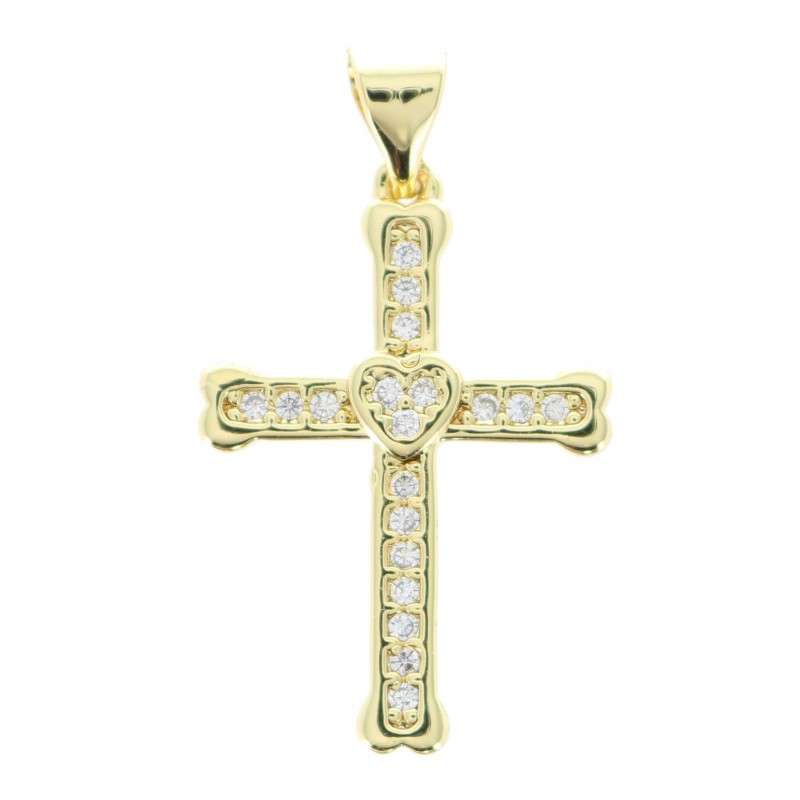 Croix en métal doré avec strass en forme de coeur 2.3cm