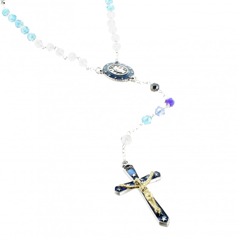 Glass rosary of Our Lady of Grace with its illustrated box