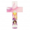 Croix de communion rose pour fille décorée d'un calice 15 cm