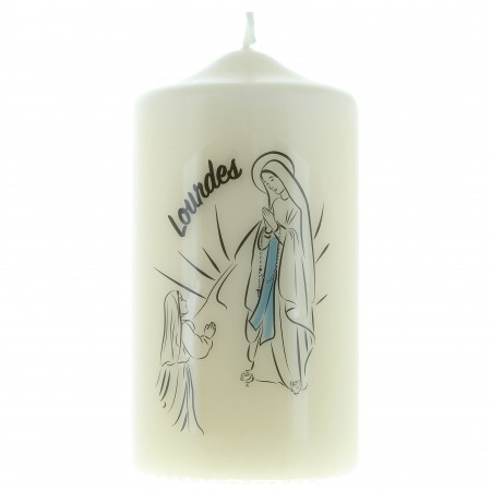 Bougie ivoire de l'Apparition de Lourdes blanc et bleu 15cm