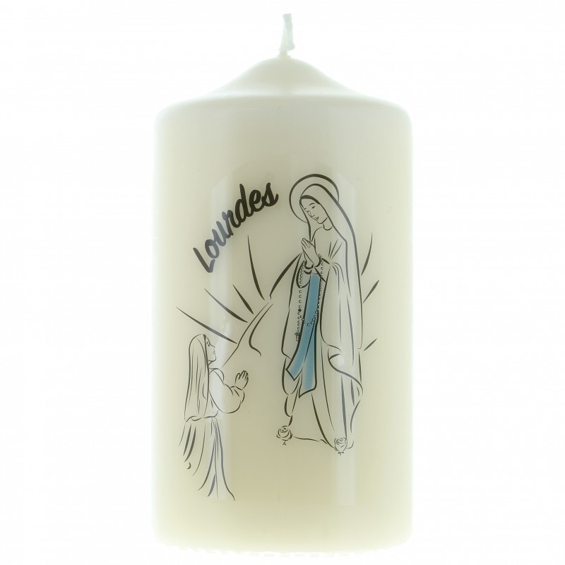 Candela d'avorio dell'Apparizione di Lourdes bianca e blu 15cm
