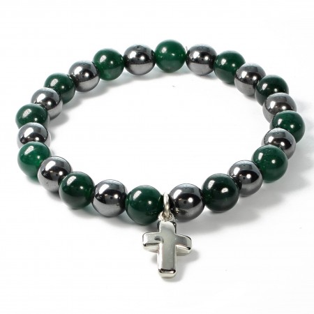 Bracelet en pierres naturelles d'Hématite et Agate verte avec croix