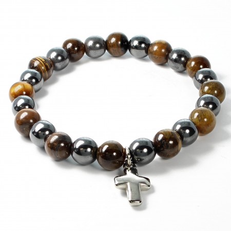 Bracelet en pierres naturelles d'Hématite et Oeil de Tigre avec croix