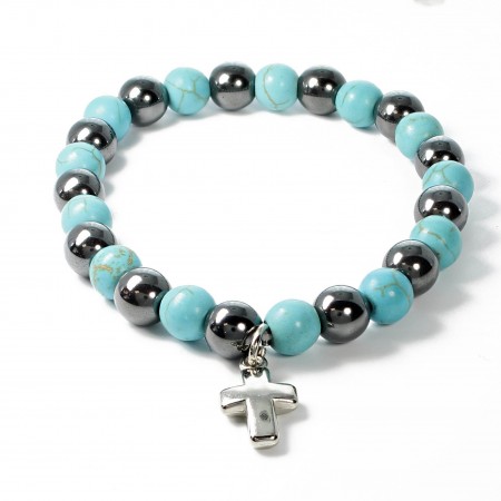 Bracelet en pierres naturelles d'Hématite et Turquoise avec croix