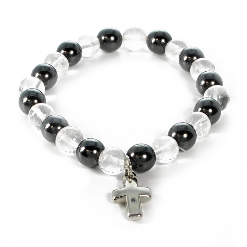 Bracciale in pietra naturale di ematite e cristallo con croce