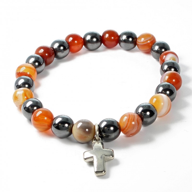 Hematite and Carnelian Natural Stone Bracelet with Cross