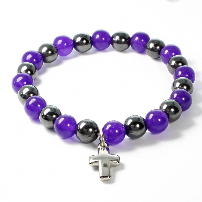 Bracelet made of natural stones Hematite and Amethyst with cross