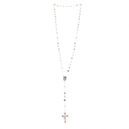 Pink communion rosary with silver flowers and box