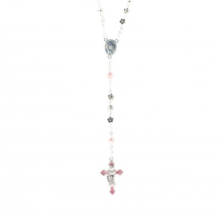 Pink communion rosary with silver flowers and box