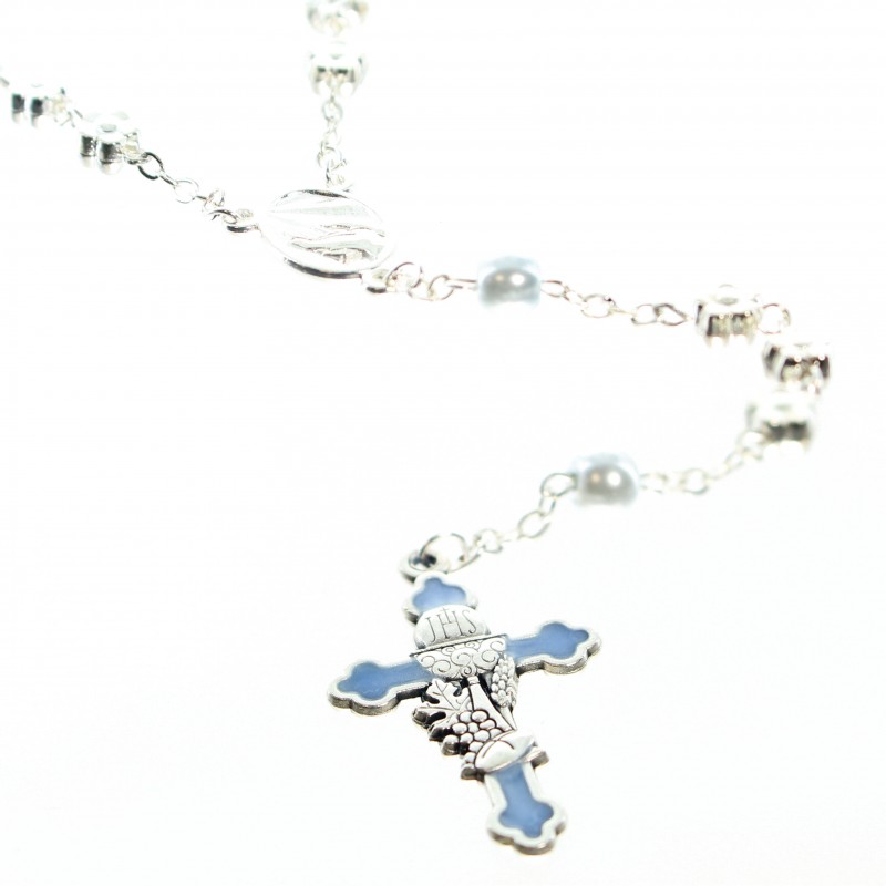 Blue communion rosary with silver flowers and box