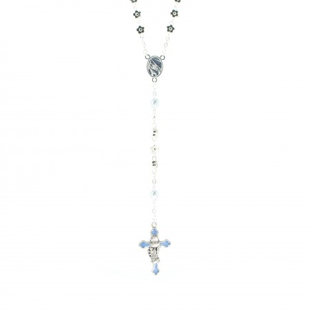 Blue communion rosary with silver flowers and box