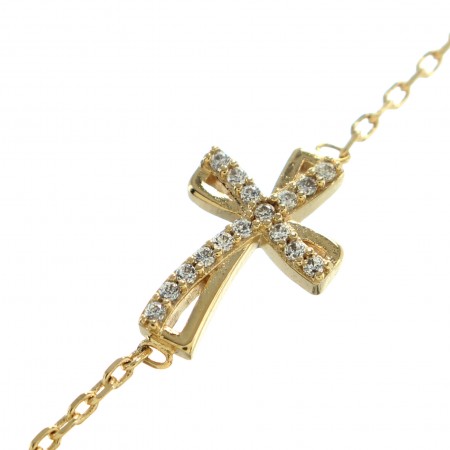 Gold plated bracelet with openwork rhinestone cross and clasp