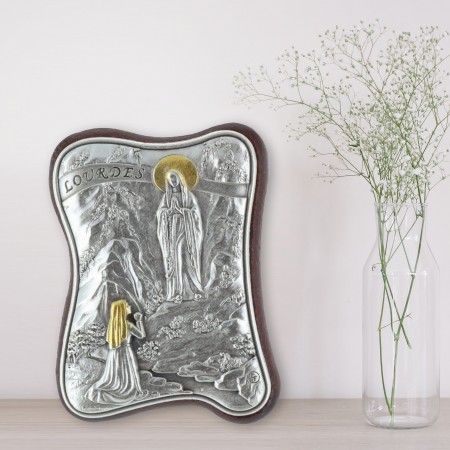 Lourdes Apparition silvery religious picture frame wave form 4.5 x 6.5 cm