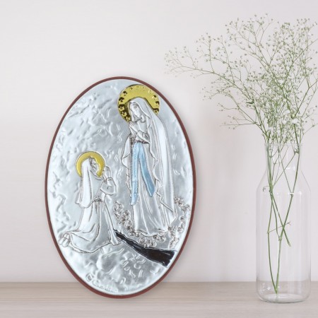 Cadre religieux ovale Apparition de Lourdes argentée 5 x 7 cm
