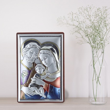 Cadre religieux la Sainte Famille argenté coloré 4 x 6 cm