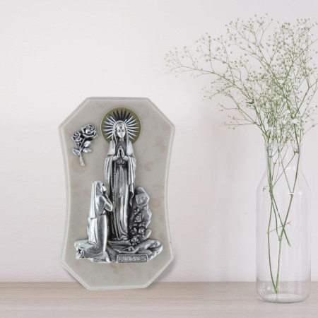 Lourdes Apparition silvery resin religious picture 7.5 x 12 cm