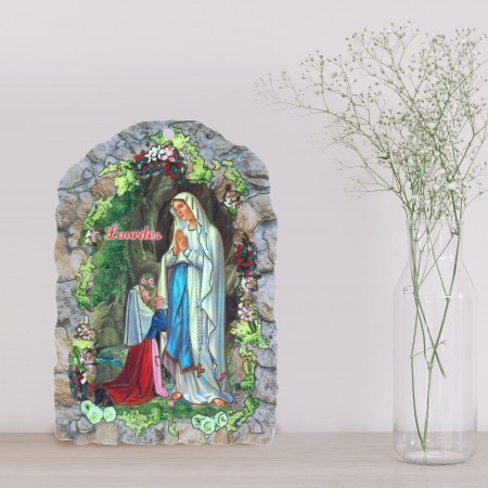 Cadre religieux en bois Vierge Marie, Grotte de Lourdes et Dizainier à la rose 7,5 x 11 cm