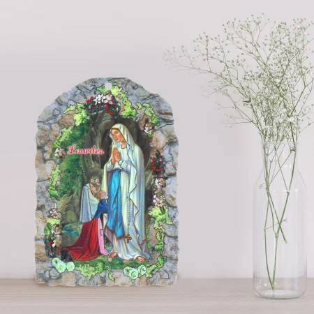 Cadre religieux en bois Vierge Marie, Grotte de Lourdes et Dizainier à la rose 7,5 x 11 cm