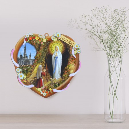 Lourdes Apparition heart-shaped religious wood frame 14.5 x 13.5 cm