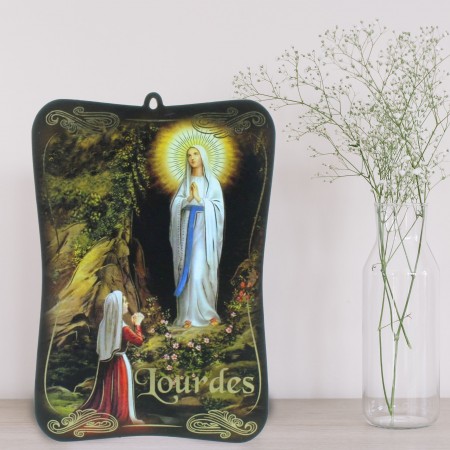Tavoletta religiosa di Lourdes in legno con doratura 10x15cm