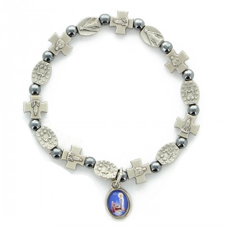 Hematite bracelet with pearl cross and Miraculous Medal