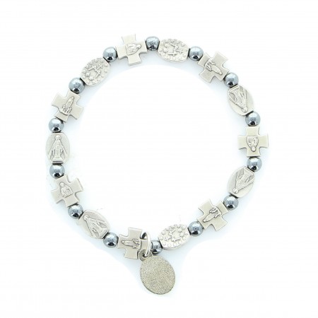 Hematite bracelet with pearl cross and Miraculous Medal