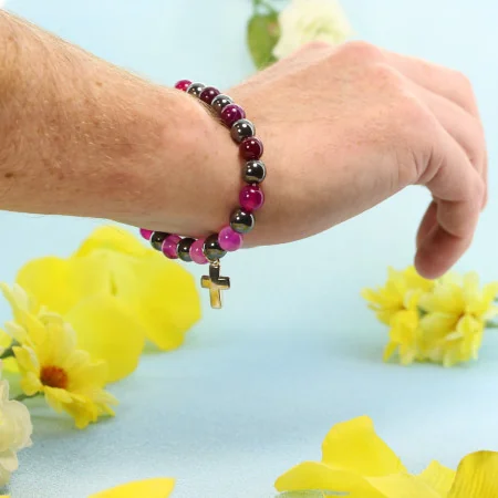 Bracciale in pietre naturali Ematite e Ametista con croce