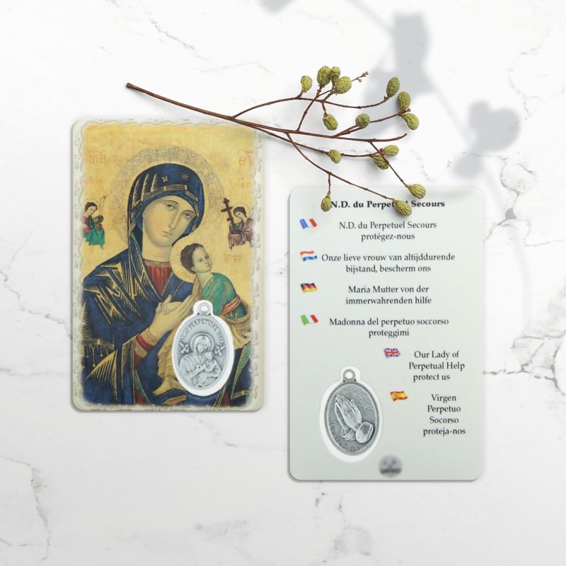 Prayer Card of Our Lady of Perpetual Help with a medal