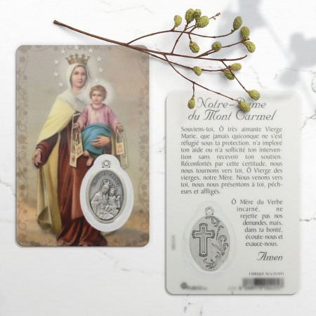 Prayer card Our Lady of Mount Carmel with medal