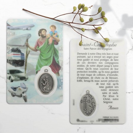 Carte de prière Saint Christophe avec médaille