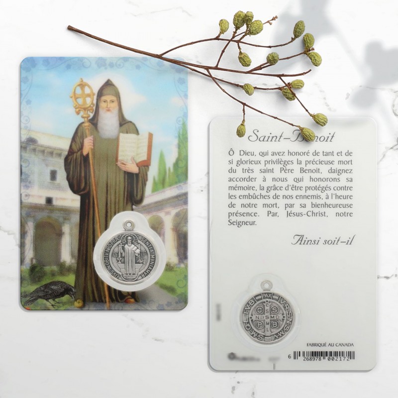 Carte de prière Saint Benoît avec médaille